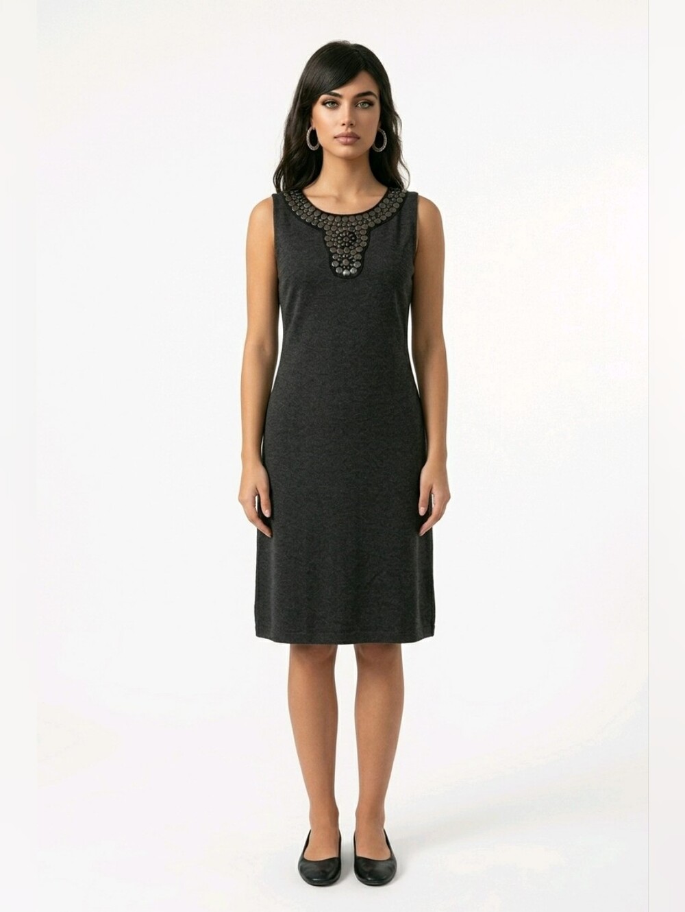 Suzi Chin Maggy Boutique 16W Gray Embellished Shift Dress Statement Neck